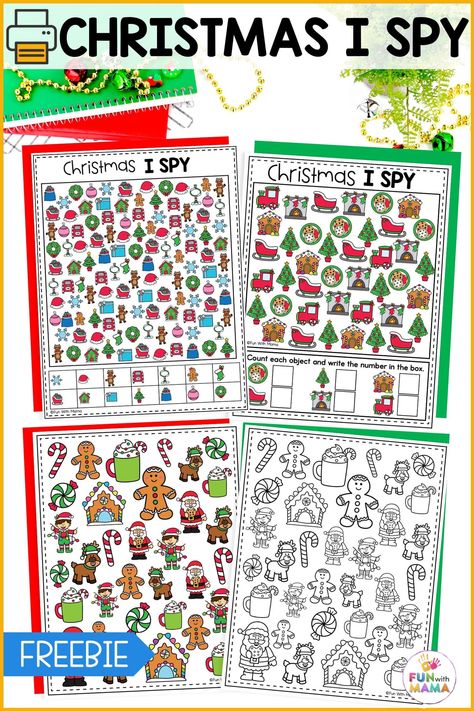 Get 4 Free Christmas I Spy printables with varying levels of difficulty. Color and black and white options available for some holiday cheer! Christmas I Spy Free Printable, I Spy Christmas Printable, Christmas I Spy, I Spy Christmas, Preschool Christmas Activities, I Spy Games, Spy Games, Mama Blog, Printable Activities For Kids