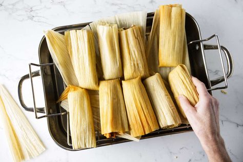 How To Cook Tamales: 3 Ways to Steam Tamales How To Steam Tamales Without A Steamer, How To Steam Tamales, Tamales Instant Pot, How To Cook Tamales, Steaming Tamales, Vegetarian Tamales, Homemade Tamales, Turkey In Roaster, Mexican Food Dishes