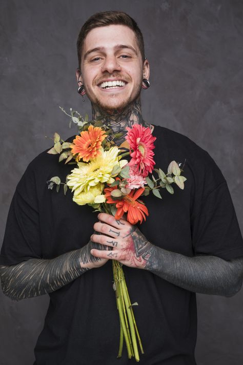 Man Holding Flowers, Hand Praying, Hands Holding Flowers, Hipster Tattoo, Flowers For Men, Retro Eyeglasses, Giving Flowers, Flower Photoshoot, Human Anatomy Art