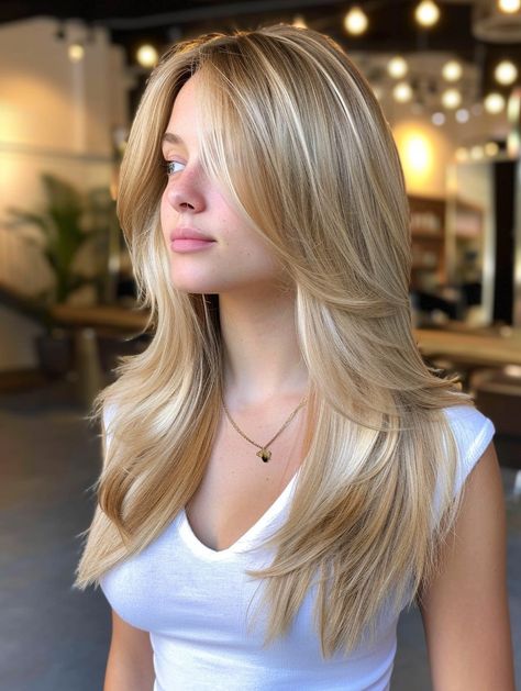 Disconnected Curtain Bangs, Layered Haircuts For Long Hair With Bangs, Low Maintenance Layers, Womens Haircuts Long, Brooke Hairstyles, Long Layered Haircuts For Thick Hair, Platinový Blond, Thicken Fine Hair, Girls Haircut