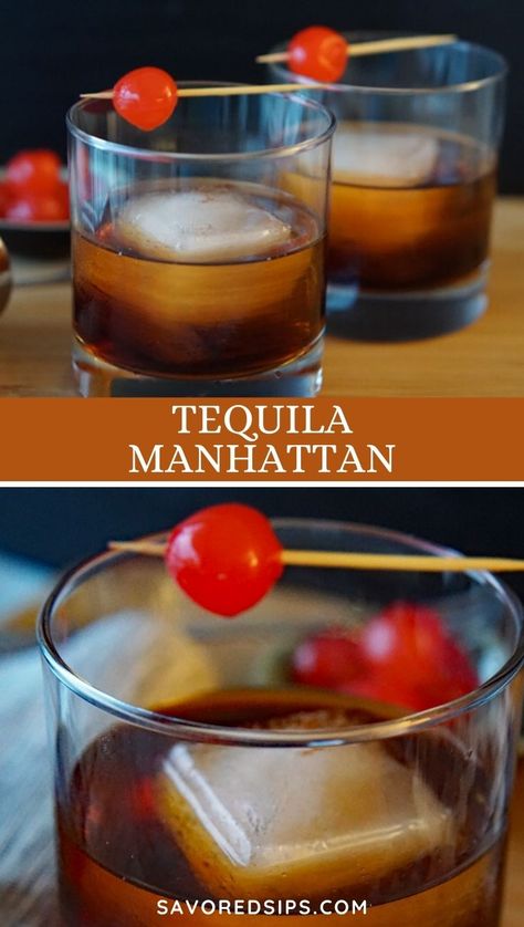 Anejo Tequila Cocktails Recipe, Tequila Manhattan, Rye Drinks, Tequila Mix, Manhattan Drink, Flavored Tequila, Sipping Tequila, Manhattan Cocktail, Anejo Tequila