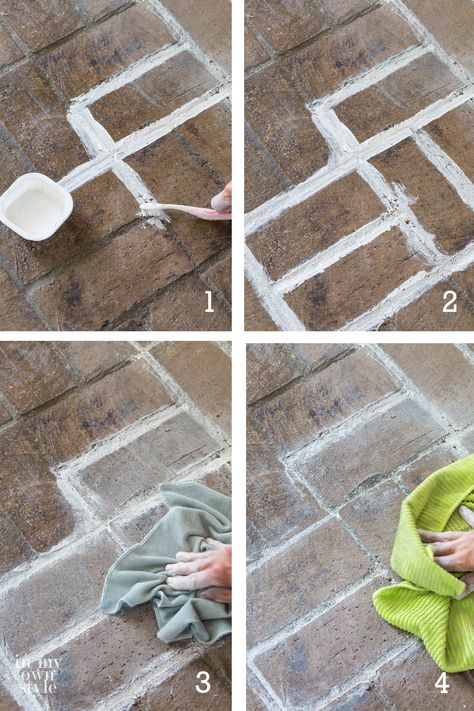 How to whitewash a brick floor for $14 using grout paint. Find out how easy it is to do this DIY floor painting project in an afternoon for a room this size. #brickflooring #brickfloormudroom #brickfloorfoyer #brickfloorkitchen #paintedfloor #whitewashbrick #DIYdecor Limewash Brick Floor, White Wash Outdoor Brick, White Washed Brick Floor, Whitewash Saltillo Tile Floor, White Wash Brick Porch, Painted Brick Flooring, Whitewash Brick Floor, White Wash Brick Floor, Painting Brick Floors