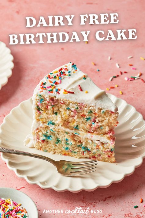 Birthdays can't be celebrated without cake, and this dairy free birthday cake is the ultimate white layer cake filled with rainbow sprinkle confetti and topped with a subtly sweet dairy free buttercream frosting. Non Dairy Birthday Cake, Dairy Free Layer Cake, Gluten Dairy Free Birthday Cake, Dairy Free Birthday Cake Recipe, Vegan Confetti Cake, Dairy Free Funfetti Cake, Dairy Free Buttercream Frosting, Dairy Free Birthday Cake, Mini Lemon Bundt Cakes