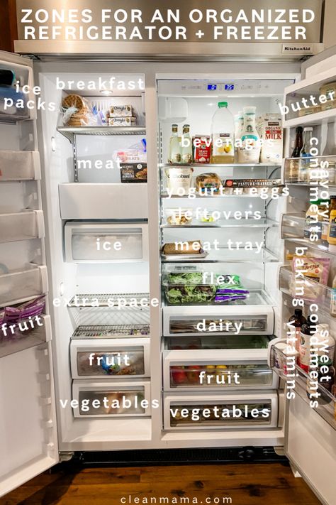 How to Add Zones to a Fridge and Freezer – Clean Mama Healthy Fridge Goals, Stocked Fridge Goals, Fridge Goals Healthy Food, Full Fridge Goals, Snacks Fridge, Side By Side Fridge Organization, Vegan Fridge, Aesthetic Fridge, Fridge Goals