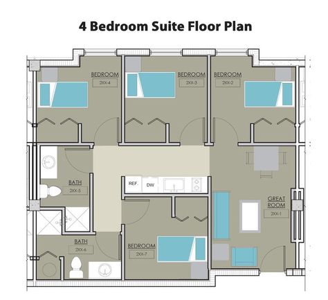 This is the perfect set up.. Dormitory Floor Plan, Dorm Common Room, Apt Layout, Suite Floor Plan, Single Dorm Room, Quad Room, Apartment Layouts, Dorm Layout, Floor Plan Ideas