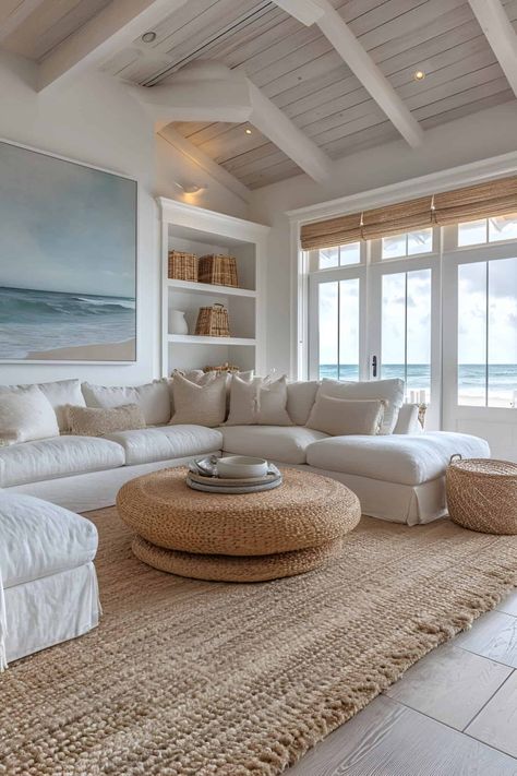 17 Beach House Living Room Designs That Will Make Your Home Feel Like A Permanent Vacation Malibu Style Home, Malibu Apartment Aesthetic, Coastal Aesthetic House, Beach Home Aesthetic, Beach Style Living Room, Malibu House, Island Cottage, Beach House Aesthetic, Malibu Beach House