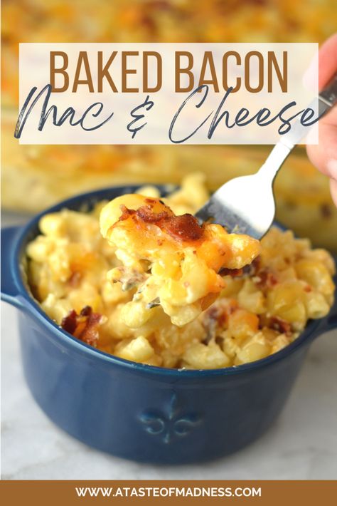 Baked Bacon Macaroni and Cheese | A Taste of Madness Mac And Cheese With Bacon, Bacon Mac And Cheese, Easy Pasta Dinner, Macaroni N Cheese Recipe, Baked Bacon, Baked Macaroni, Flavored Bacon, Savoury Recipes, Cheese Dishes