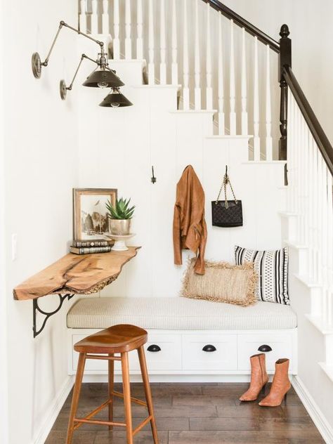 As an entry, I love the addition of the table top.  It was a good design without it but it's great with it! Small Entryway Ideas With Stairs, Entryway Ideas With Stairs, Small Entry Way, Small Entryway Ideas, Kitchen Apartment, Vibeke Design, Apartment Entryway, Small Entry, Diy Apartment Decor