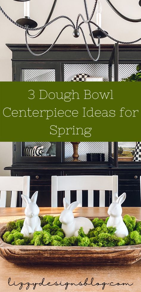 Find out three different ways to create a centerpiece using a dough bowl for spring and Easter Dough Board Decor, Dough Bowl Mantle Decor, Bread Bowls Decor, Bread Bowl Decor Centerpieces Spring, Dough Bowls Ideas, Dough Bowl Centerpiece For Easter, Decorate Long Dough Bowl, How To Decorate With Dough Bowls, Dough Bowl Decor Spring