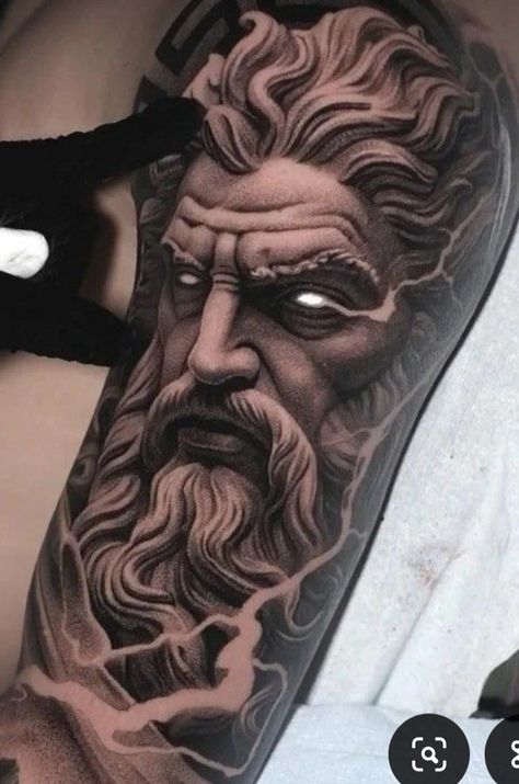 Micro Realism Tattoo Men, Zeus Tattoo Design Greek Gods, Hades Tattoo Design Greek Mythology, Zeus Tattoo Design Ideas, Zeus Tattoos, Realism Tattoo Ideas, Zeus Tattoo Design, Shoulder Cover Up Tattoos, Thor Tattoo