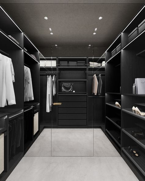 Black Interior Home Aesthetic, Dark Luxury Interior Design, Black Closet Ideas, Dröm Hus Planer, Luxury Closets, Closets Design, Black Bedroom Design, Black Closet, Future Bedroom