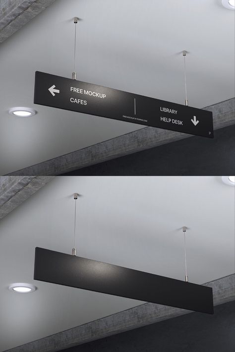 Usually, we see very artistic and modern wayfinding signage inside museums or art galleries which are really helpful to find the places. With today’s free design resource you can design your own directional signage, download this beautiful Free Hanging Direction Sign Mockup which is featured a black directional sign hanging with steel wire on the realistic background. #free #mockup #psdmockup #hangingsign #signboardmockup #wayfinding #directionsign #design #signagemockup signboardmockup Hanging Directional Signage, Sign Direction Design, Bank Signage Design, Way Finding Design Signs, Way Finding Signage Design, Interior Wayfinding Signage, Museum Design Interior, Hanging Signage Design, Hanging Wayfinding