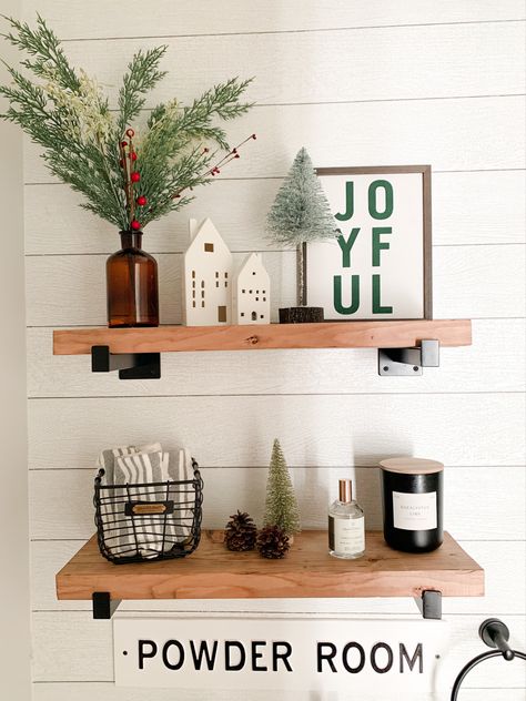 Neutral Christmas shelf decor idea Christmas Shelf Decor Ideas, Restroom Decor Ideas, Christmas Shelf Decor, Target Christmas Decor, Shelf Decor Ideas, Decor After Christmas, Farmhouse Shelves Decor, Christmas Shelf, Cozy Christmas Living Room