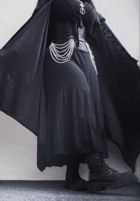 gothic fasion inspo, corset, long skirt, killstar cardigan, chainbelt, goth girl Goth Skirt Outfit Long, Goth Outfits Long Skirt, Goth Cardigan Outfit, Goth Long Skirt Outfit, Long Skirt Goth Outfit, Goth Skirt Outfit, Corset Long Skirt, Maximalist Outfit, Goth Skirt