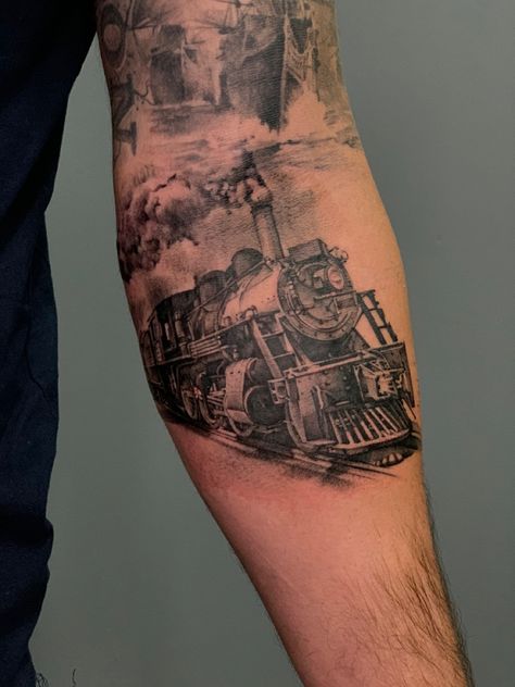 Freight Train Tattoo, Train Tattoos For Women, Steam Train Tattoo, Train Tattoos, Train Tattoo, Snowflake Tattoo, Snow Flake Tattoo, Dad Tattoo, Tattoo Leg