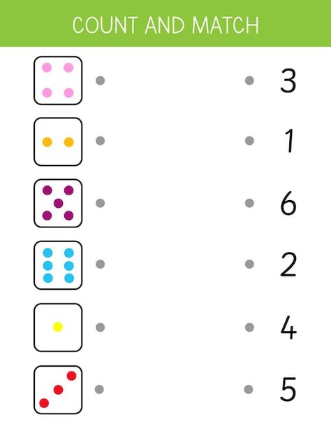 Matching activity for kids. match dice a... | Premium Vector #Freepik #vector #dice #matching-game #worksheet-kids #educational-game Counting Matching Worksheet, Activity Sheet For Preschoolers, Math Kids Worksheets, Match Activities For Preschool, Match The Following Worksheets For Kids, Playgroup Worksheets For Kids, Aba Worksheets, Number Matching Activities, Matching Activities For Preschoolers