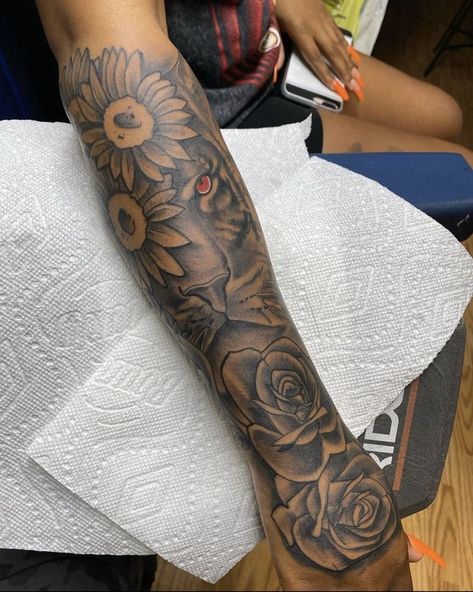 Tattoo Sleeves Women, Sleeve Tattoos Black Women, Sleeve Tattoos Black, Lion Tattoo For Women, Tattoo For Women Arm, Tattoos Black Women, Lion Sleeve, Half Sleeve Tattoos Forearm, Lion Tattoo Sleeves