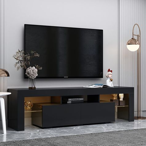 Console Modern, Tv Stand With Led Lights, Black Tv Stand, Media Console Table, Led Tv Stand, Tv Console Table, Modern Entertainment Center, Tv Stand Cabinet, Black Living Room