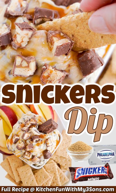 This Snickers Dip is a delicious dessert dip that's always a huge hit for any gathering. Served as an appetizer or dessert with apples and graham crackers. Snickers Dip Recipe, Snickers Apple Dip, Fall Dessert Dips For Parties, Candy Dips, Dessert With Apples, Snickers Dip, Tailgate Snack, Graham Cracker Dip, Candy Dip