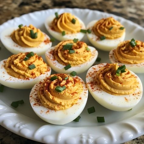 🎃 Elevate your appetizer game with these Pumpkin Deviled Eggs! Creamy, savory, and perfect for fall gatherings. 🍁 Pumpkin Deviled Eggs Ingredients: - 6 hard-boiled eggs - 1/4 cup pumpkin puree - 2 tbsp mayonnaise - 1 tsp Dijon mustard - 1/2 tsp paprika - Salt and pepper to taste - Chopped chives for garnish Instructions: 1. Cut eggs in half lengthwise, remove yolks, and place in a bowl. 2. Mash yolks with pumpkin puree, mayonnaise, mustard, paprika, salt, and pepper. 3. Spoon or pipe mixtu... Deviled Eggs Aesthetic, Eggs Aesthetic, Pumpkin Deviled Eggs, Eggs Image, Devilled Eggs, Thanksgiving 2024, Instagram Recipes, Food Fest, Grazing Table