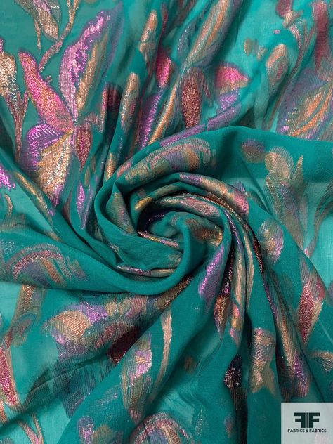 J Mendel Italian Multicolor Metallic Floral Silk Chiffon - Persian Green/Rose Gold/Pink | FABRICS & FABRICS – Fabrics & Fabrics Pink Fabrics, Persian Green, Fashion Drawing Tutorial, Silk Outfit, Wedding Dress Fabrics, Rose Gold Pink, Fancy Jewellery, Green Rose, Makeup Eyeliner