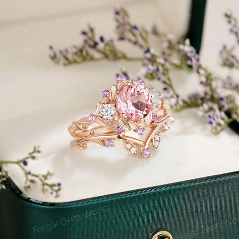 Rose Gold Pink Sapphire Flower Engagement Ring Set Dainty Moissanite Wedding Ring Set Vintage Round Cut Pink Sapphire Bridal Promise Ring - Etsy Pink Princess Ring, Unique Engagement Rings Pink, Unique Pink Engagement Rings, Pink Rings Engagement, Pink Wedding Rings Sets, Unique Rose Gold Engagement Rings, Pink Wedding Ring, Wedding Ring Set Vintage, Flower Engagement Ring Set