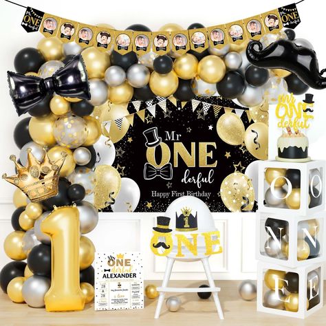 PRICES MAY VARY. 🖤 THE INCREDIBLE ONDERFUL PARTY – Your little boy is turning one! This Mr. Onederful theme is so fabulous and chic! It’s the perfect first birthday idea for your boy! From the gorgeous balloons banners to the classic color scheme! This party is just adorable and is truly a wonderful birthday party. ✨ MR. ONEDERFUL BIRTHDAY PARTY DECORATIONS INCLUDES - 65 x 12’ latex balloons | 20 x 5’’ latex balloons | 4 x foil balloons | 1 x backdrop | 2 x banners | 1 x cake topper | 3 x boxes Onederful Birthday Decorations, Mr Onederful Birthday Cake, Man Party Decorations, Mr Onederful Birthday Party Ideas, Party Decorations Backdrop, Manly Party Decorations, 1st Birthday Boy Themes, Backdrop Balloon, Mr Onederful Birthday