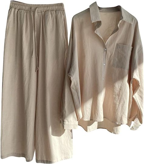 cute summer tracksuit for women closure Summer two piece linen sets for women 2023 deals- Hand / Machine Wash hawaiian outfits for women, beach outfits travel outfit High Waisted Slacks, Shirt Collar Pattern, Woman Suit Fashion, Plus Size Vintage, Linen Suit, Sweatshirt Set, Maxi Robes, Pantalon Large, Womens Long Sleeve Shirts