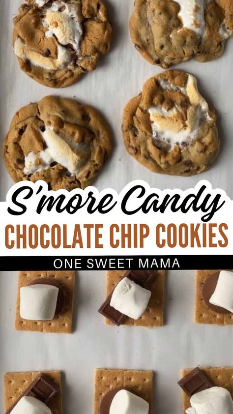 Is there any better summer dessert recipe than s'mores cookies?! This incredible summer cookie recipe gives traditional campfire smores a run for their money! This s'mores candy cookie recipe will be your new go-to once you try it!! I love to make these cookies for a party or summer BBQ dessert, because there's not a soul that doesn't love these. Try these s'more chocolate chip cookies today! #cookies #smores Chocolate Chip Cookie Smores Crockpot, S’mores Baked Goods, Smores Stuffed Chocolate Chip Cookies, S’mores Cookies With Graham Crackers, Garbage Cookies With Chips, Spooky Stuffed S’mores Cookies, S’mores Chocolate Cookie, Chocolate Chip Cookie S’mores Recipe, Chocolate Chip Cookies Smores