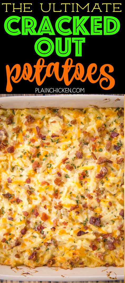 THE ULTIMATE Cracked Out Potatoes - cheddar, bacon and ranch. SO addictive!! I could make a meal out of this potato casserole!! Cheddar, bacon, ranch, cream of chicken soup. sour cream, frozen shredded hash browns. Can freeze for later. We usually bake half and freeze half for later. SO GOOD! Cracked Out Potatoes, Shredded Hashbrown Recipes, Hash Brown Potato Casserole, Resep Koktail, Cracked Out, Breakfast Potato Casserole, Bacon Ranch Potatoes, Bacon Casserole, Frozen Hashbrowns