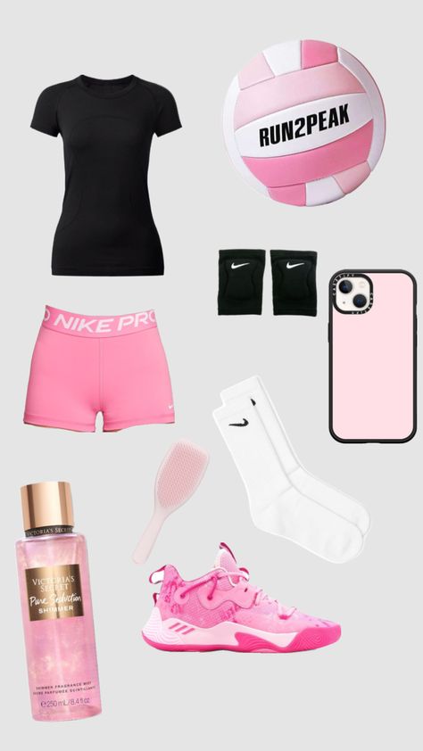 Volleyball fit!! #volleyball #follow #pink #outfitinspo #fit Pink Volleyball Outfit, Volleyball Camp Outfits, Preppy Volleyball Outfit, Volleyball Essentials List, Cute Volleyball Outfits For Practice, Volleyball Fits Practice, Volleyball Coach Outfit, Volleyball Wishlist, Volleyball Attire