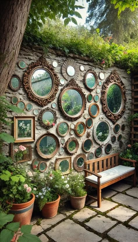 Outdoor Gallery Wall, Outdoor Mirrors Garden, Artsy Garden, Outdoor Wall Decor Ideas, Garden Nook, Garden Mirrors, Antique Mirrors, Outdoor Mirror, Walled Garden