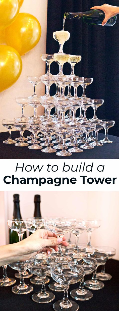 Roaring 20s Champagne Tower, How To Do A Champagne Tower, Champagne Tower How To, How To Champagne Tower, How To Make A Champagne Tower, Speakeasy Bridal Shower Ideas, Champagne Brunch Ideas, 1920s Theme, 21st Ideas