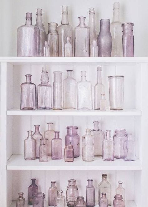 5 Ways To Use Your Vintage Bottle Collection in Home Decorating - FRENCH COUNTRY COTTAGE Best Hacks, Interior Vintage, Pastel Decor, Vintage Bottles, Old Bottles, All Things Purple, Floral Supplies, Bottles And Jars, A Shelf