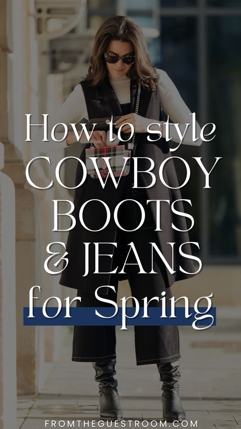 a woman  jeans and cowboy boots in spring, western outfits Western Jean Outfits Women, Bootcut Jeans And Cowboy Boots Outfit, Bootcut Jeans With Cowboy Boots, Western Cowboy Boots Outfit, Cowboy Boots With Cropped Jeans, How To Wear Cowboy Boots With Jeans, Cowboy Boots And Jeans Outfit For Women, How To Wear Cowboy Boots Women, Cowboy Boots And Jeans Outfit