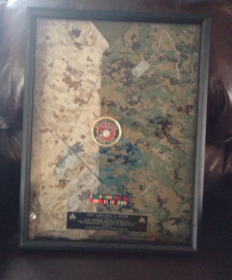 Marine Corps Shadow box, made for a Sgt who was getting out! Marine Corps Shadow Box Display, Marine Retirement, Marine Corps Retirement, Usmc Retirement, Diy Shadow Box Ideas, Marine Wife Life, Marine Corps Wife, Marine Sister, Retirement Ceremony