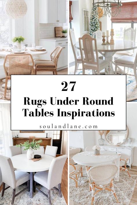 Unlock the secret to a stunning dining room by pairing round tables with the right rugs. This guide offers expert tips on selecting rugs that enhance your dining area's aesthetics and comfort, creating a captivating focal point that invites compliments and conversation. What Size Rug Under Round Dining Table, How Many Chairs Fit At A Round Table, What Type Of Rug For Round Table, Round Dining Table Round Rug, Round Dining Table With Round Rug, How To Style Round Table, What Shape Rug For Round Dining Table, Round Rug For Dining Room, Small Dining Rooms With Round Tables