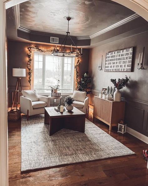 Amy Southers on Instagram: "First room completed in the new house. (Semi completed…waiting on another piece of furniture) Formal dining turned to sitting room. Love a little dark paint for that perfect moody vibe. . . . . . #christmas #christmasdecor #moodygrams #modern #diyhome #beforeandafter #bhghome #boutiquerugs #homesweethome #showmethedecor #modernfarmhouse #cozyhome #christmastime #decoration Follow my shop @amysouthershome on the @shop.LTK app to shop this post and get my exclusive ap Dining Room Turned Into Lounge, 2 Tables In Dining Room, Formal Dining Turned Sitting Room, Dining Room Turned Sitting Room Cozy, Formal Dining Room Turned Sitting Room, Front Room Dining Room Combo, Dining Room Flex Space, Alternative Ideas For Dining Room Space, Alternative To Formal Dining Room Spaces