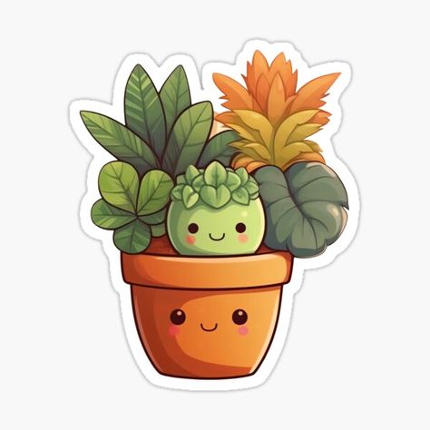 Kawaii Plants Drawing, Cute Plants Drawing, Plant Drawing Aesthetic, Plant Stickers Aesthetic, Cute Cactus Drawing, Cute Plant Stickers, Kawaii Plants, Plants Cartoon, Flowers Kawaii