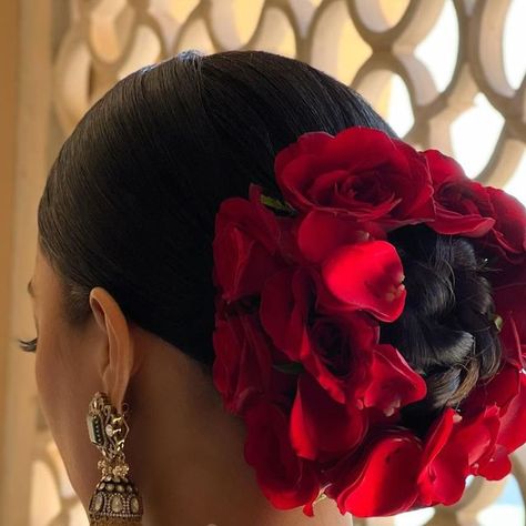 Archana Rautela on Instagram: "🌹 bridal🌹 .. .. Bride- @aanchaladas Hair- @archanarautela MUA- @poojakhuranabeauty Outfit- @gauravguptaofficial .. .. #archanarautelahair #hairgoals #hairstyles #hairstyle #hairstyling #hairstylist #hairdo #updo #indianwedding #hair #bride #brides #bridetobe #bridalhairstyle #bridalhair #weddinghair #red #roses #classic #wedding #weddingday #weddinginspiration #weddinginspo #weddingideas #hairinspo #hairideas .. .. @weddingbazaarofficial @weddingwireindia @we Bridal Hairstyles Red Hair, Flower Bun Hairstyle Wedding Bride, Spanish Hairstyles, Hairdo Updo, Royal Indian Wedding, Flower Bun, Cultural Fashion, Royal Indian, Hair Bride