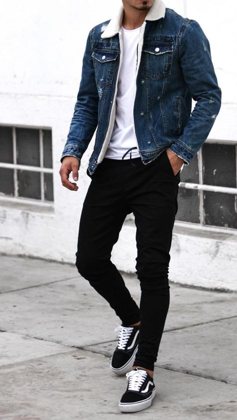 Streetwear Men Outfits Street Fashion, Blue Jean Jacket Outfits, Jean Jacket Outfits Men, Vans Outfit Men, Mens Winter Fashion Outfits, Drip Outfit Men, Street Jeans, Vans Converse, Mens Casual Outfits Summer