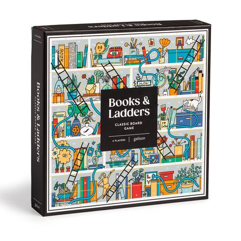 PRICES MAY VARY. TWIST ON A CLASSIC – The Books and Ladders Classic Board Game from Galison is a bookish play on the classic Snakes & Ladders game. The game was illustrated by Hyesu Lee, a Seoul-born, New York-based illustrator, artist, muralist and educator who uses comics as a medium without language barriers to capture vignettes of everyday experiences that connect us all EASY TO PLAY – The game board features a book lovers shelfie, with ladders that take you up, and bookmark ribbons (instead Ladders Game, Snakes And Ladders, Board Game Design, Brain Teaser Puzzles, Wooden Games, Classic Board Games, Board Games For Kids, Kids Board, Preschool Games