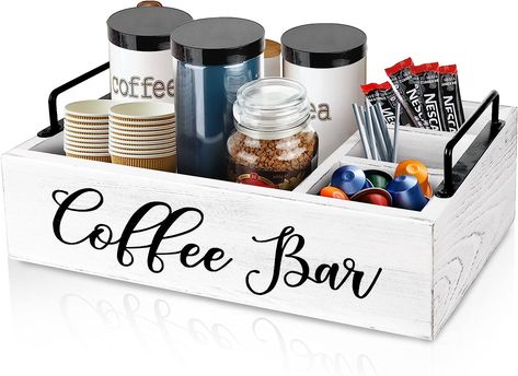 The coffee pod holder designed with 4 organizational compartments, You can use to store k-cups, sugar packets, tea bags, coffee mixers, creamers, napkins, stacked cups for coffee, tea, water. It also can be used to store bottled coffee beans, ground coffee, paper cups and other supplies. This coffee station organizer lets you easily sort and access your coffee bar accessories. Wooden Coffee Bar, Coffee Bar Organizer, Coffee Bar Accessories, Coffee Bar Station, Coffee Bar Ideas, Farmhouse Coffee Bar, Coffee Bar Design, Coffee Pod Holder, Bar Inspiration