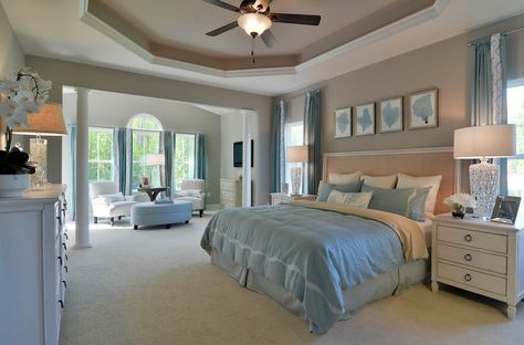 Spacious and airy master bedroom with tray ceiling.  © 2014 Copyright. Ryan Homes Spacious Bedroom Master Suite, Big House Bedrooms, Bedroom Big Aesthetic, Spacious Rooms Bedrooms, Big Rich Bedroom, Big Fancy Bedrooms, Room Layout Bedroom Big, Bedroom Layout Big Room, Huge Bedroom Aesthetic