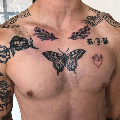 20+ Fabulous Chest Tattoo Men Ideas That Timeless All Time ... #tattoos #chesttattoos #tattoo Chest Tattoo With Meaning, Mens Butterfly Tattoo, Man With Tattoos, Black Butterfly Tattoo, Butterfly Tattoo Meaning, Small Chest Tattoos, Small Butterfly Tattoo, Cool Chest Tattoos, Pieces Tattoo