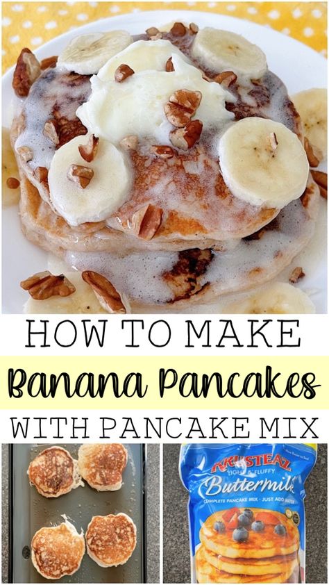 Baked Banana Pancakes, Pancake Mix Banana Pancakes, Banana Bread Pancakes Easy, Pancake Mix With Banana, Pancakes With Fruit Aesthetic, Instant Pancake Mix Recipe Ideas, Banana Nut Pancakes Recipe, Pancake Mix Banana Muffins, Healthy Pancake Mix Recipe