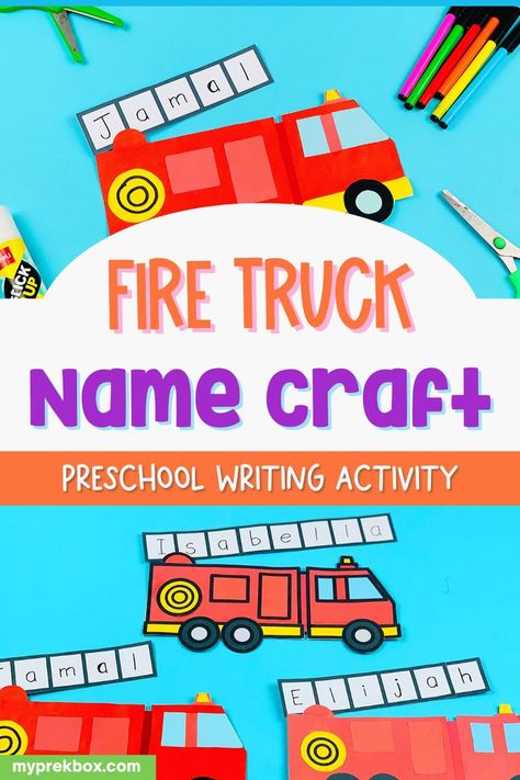 If your kid wants to be a firefighter, or simply loves fire trucks, you should definitely get this FREE Firetruck Name Craft! Learn more about this craftivity and how to get it for free in this article. This is a great activity for your kids to learn to write their own names. #writingpractice #preschoolliteracy For more fun learning at home activities for preschoolers, go to www.myprekbox.com Home Activities For Preschoolers, Preschool Name Writing, Fire Safety Theme Preschool, Name Craft Preschool, Fire Truck Activities, Community Helpers Lesson Plan, Fire Safety Preschool Crafts, Fire Safety Crafts, Fire Truck Craft