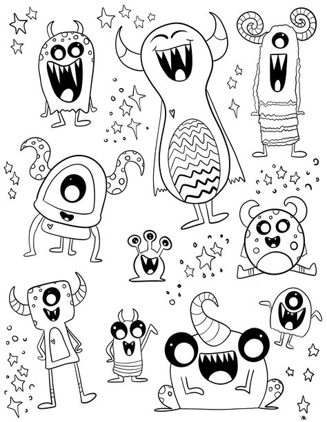 Chibi Monster, Monster Doodles, Doodle Monster, Doodle Art For Beginners, Line Doodles, Monster Coloring Pages, Monster Drawing, Funny Monsters, Cute Alien