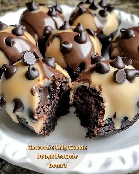 Daily Recipes and Tips 😋 The Original | 🍫 Chocolate Chip Cookie Dough Brownie Bombs 🍫 | Facebook Chocolate Chip Cookie Dough Brownie Bites, Cookie Dough Brownie Bites, Brownie Cake Balls, Hand Desserts, Chocolate Chip Cookie Dough Brownies, Chocolate Cookie Dough, Soft Chocolate Chip Cookies, Daily Recipes, Delicacy Food