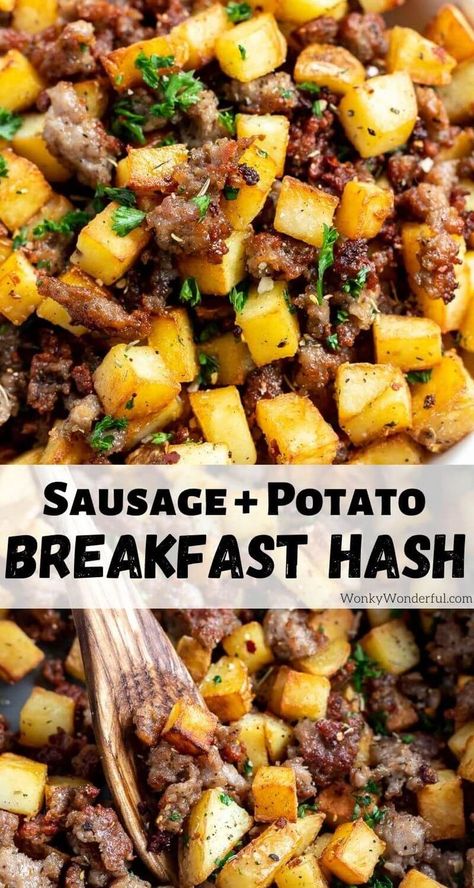 This Sausage and Potatoes Breakfast Hash Recipe is an easy 2 ingredients meal. Ground pork sausage and fried potatoes will keep you full well into your day. #breakfastrecipes #breakfasthash #sausagerecipes #potatorecipes #brunchrecipes Breakfast Sausage Potatoes, Hash Recipes Dinner, Potato And Sausage Skillet, Leftover Breakfast Sausage Recipes, Sausage Leftovers, Sausage Potato Skillet, Leftover Sausage Recipes, Pork Sausage Recipes Dinner, Grinch Dinner